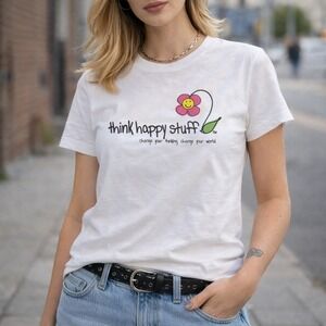 American Apparel Think Happy Stuff Flower Graphic T-Shirt White Small USA Made